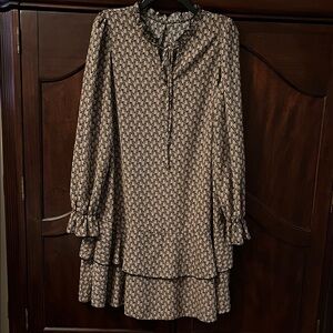 SHEIN Beige and Black Geometric Tie-Neck Layered Long Sleeve Dress